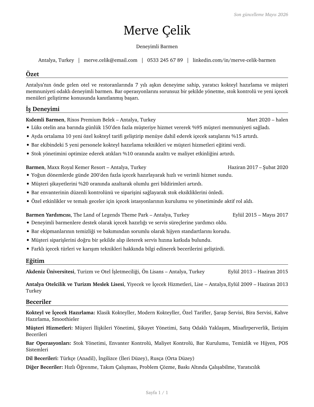 Bartenders CV in Turkish — page 1