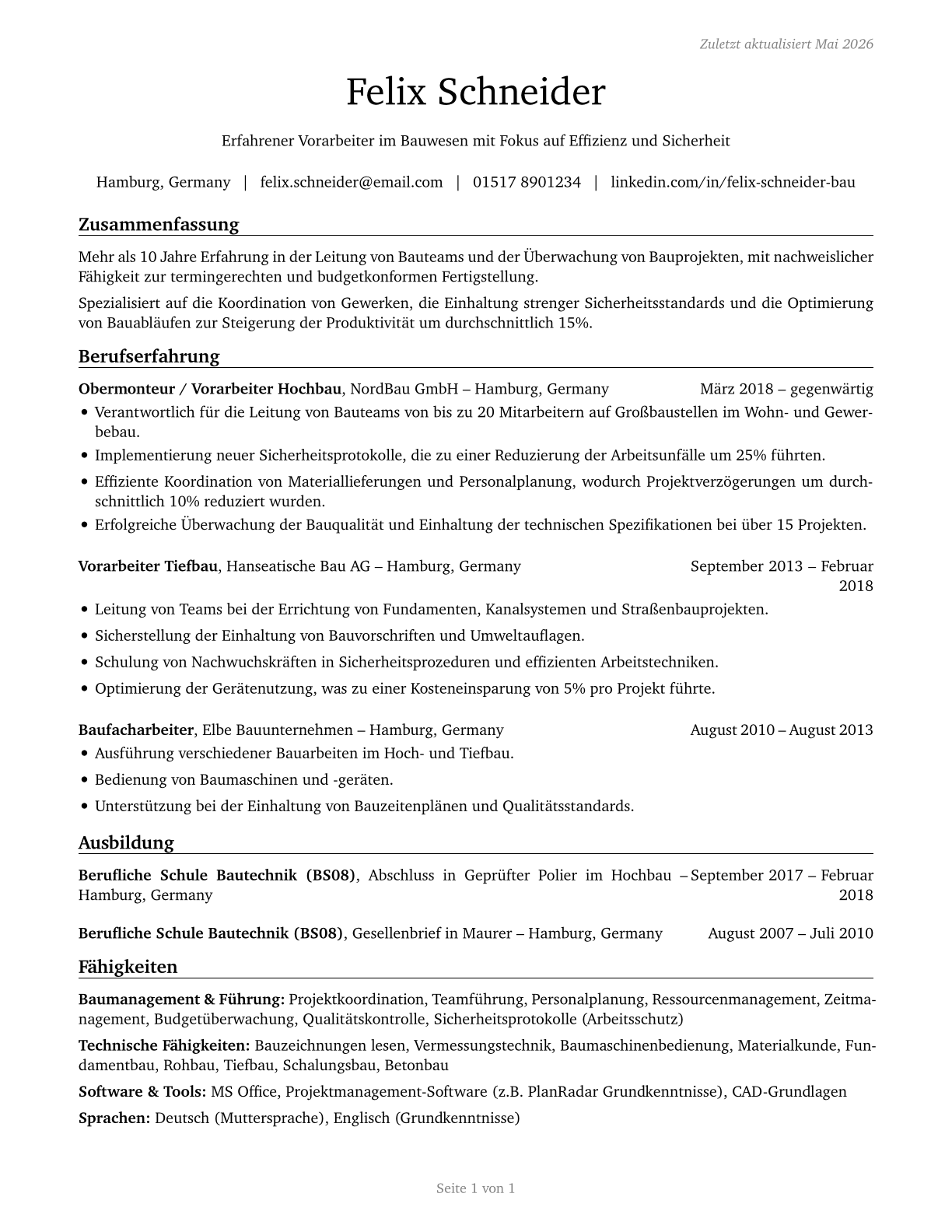 First-Line Supervisors of Construction Trades and Extraction Workers CV in German — page 1