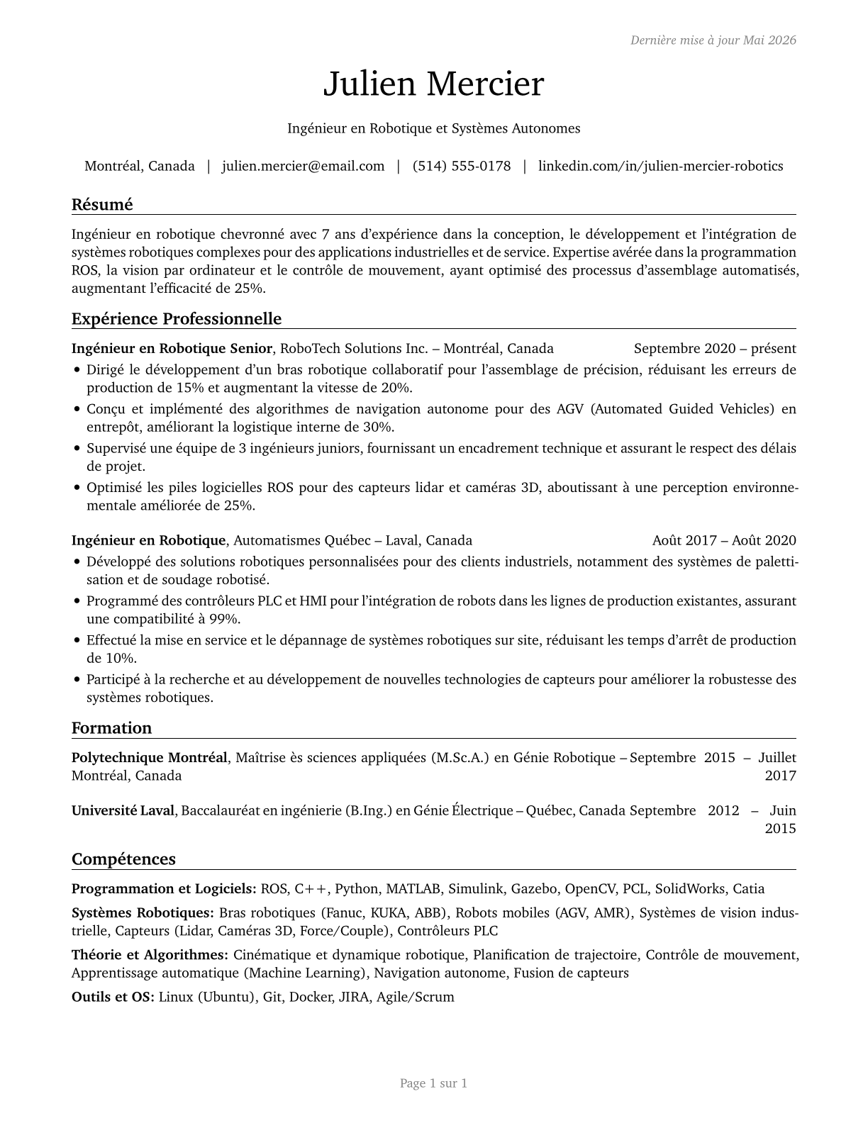 Robotics Engineers CV in French — page 1