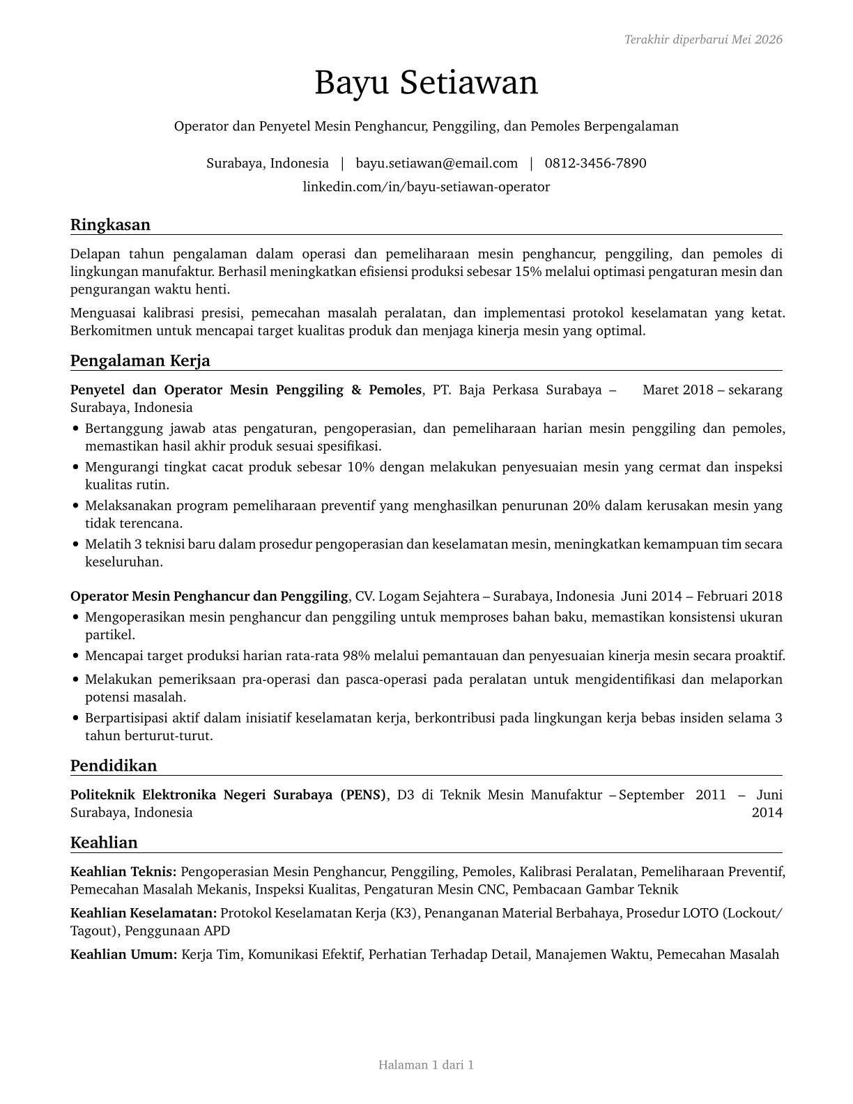 Crushing, Grinding, and Polishing Machine Setters, Operators, and Tenders CV in Indonesian — page 1