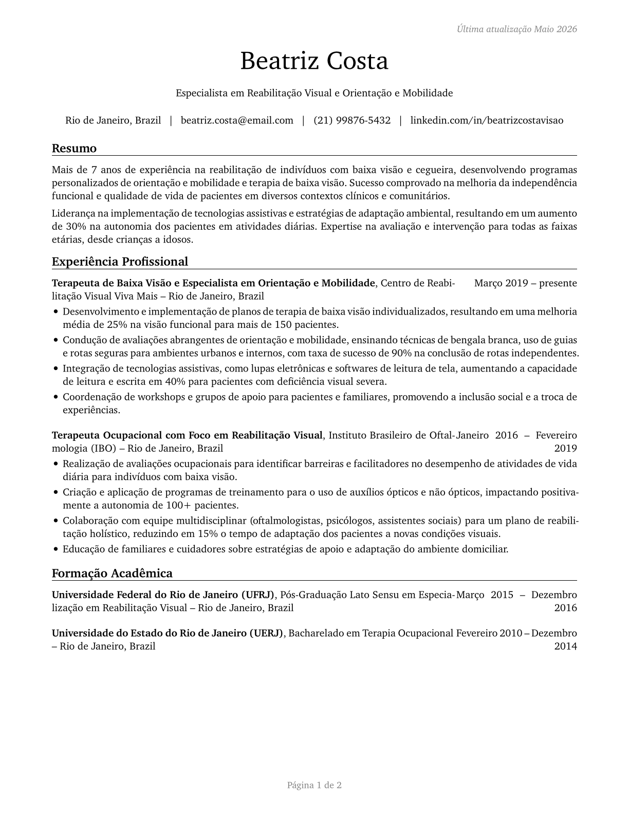 Low Vision Therapists, Orientation and Mobility Specialists, and Vision Rehabilitation Therapists CV in Portuguese — page 1
