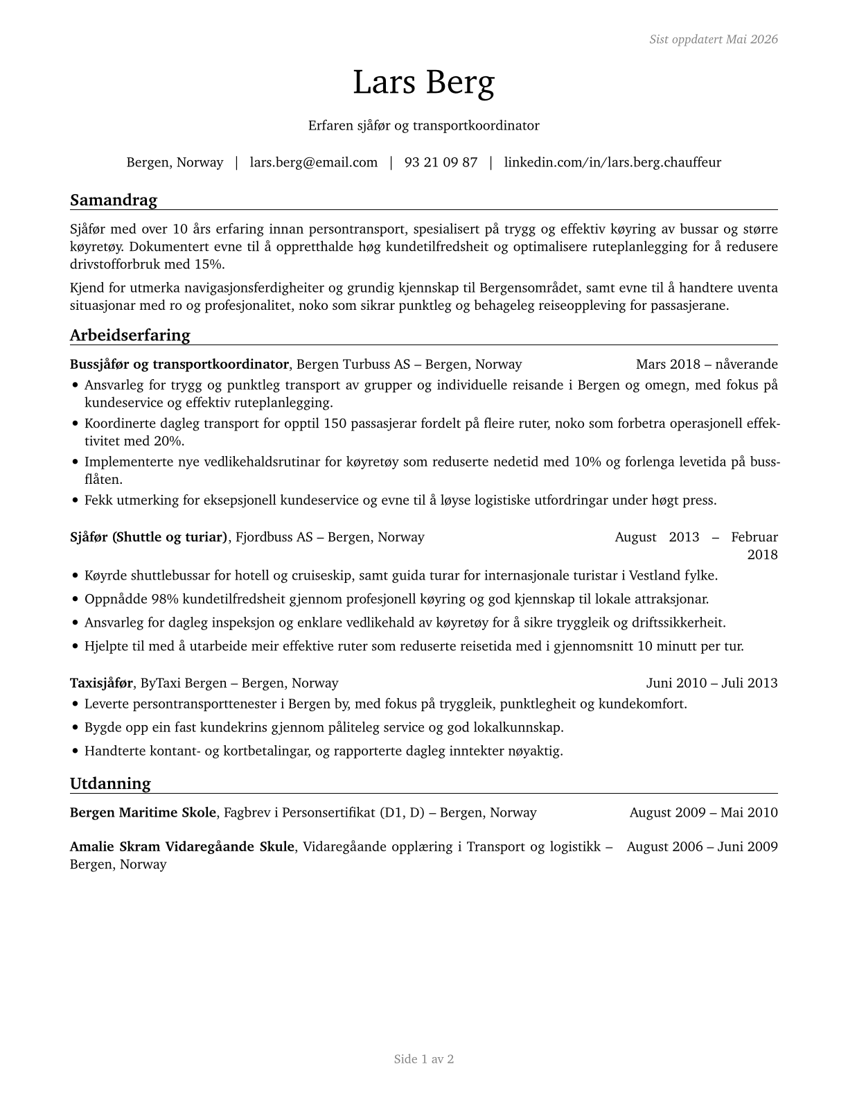 Shuttle Drivers and Chauffeurs CV in Norwegian_nynorsk — page 1