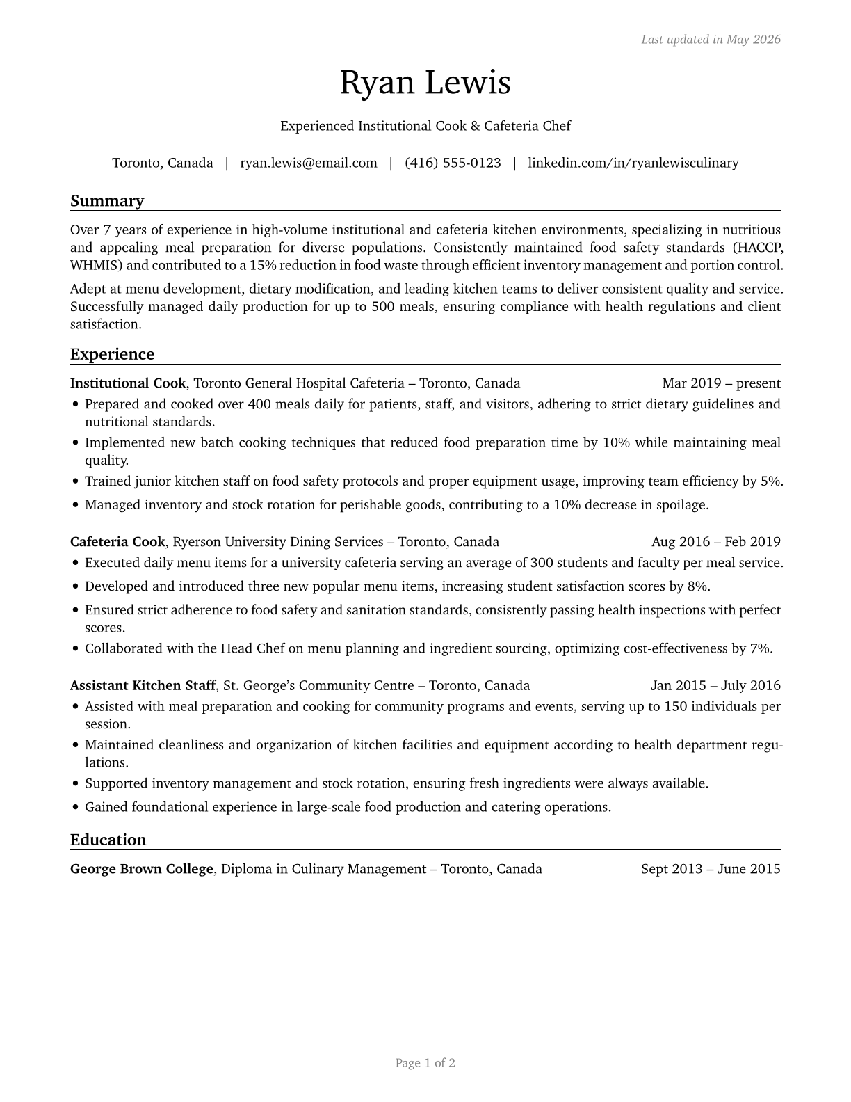 Cooks, Institution and Cafeteria CV in English — page 1