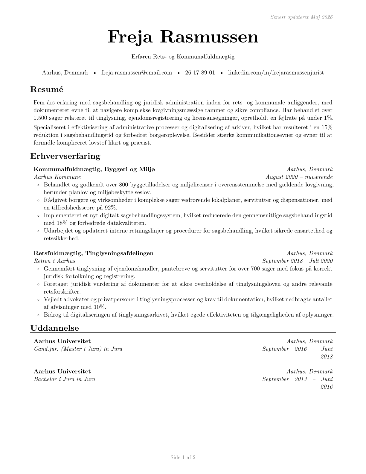 Court, Municipal, and License Clerks CV in Danish — page 1