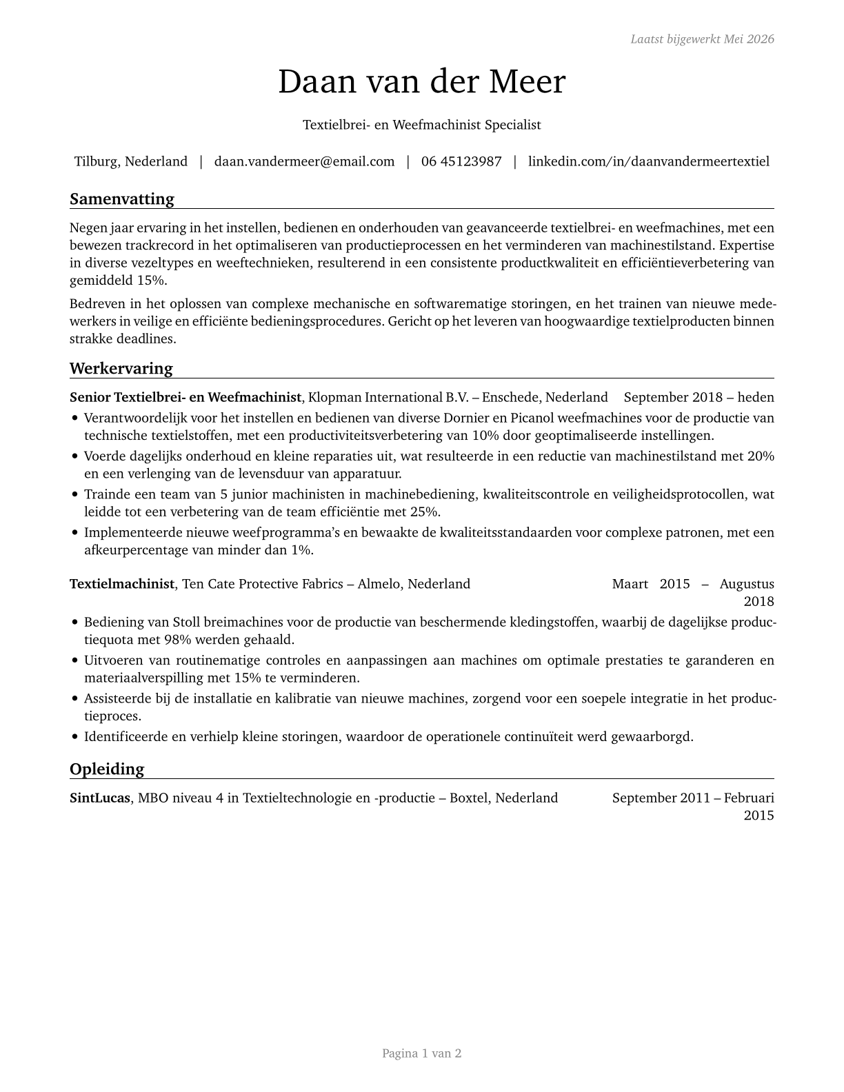 Textile Knitting and Weaving Machine Setters, Operators, and Tenders CV in Dutch — page 1