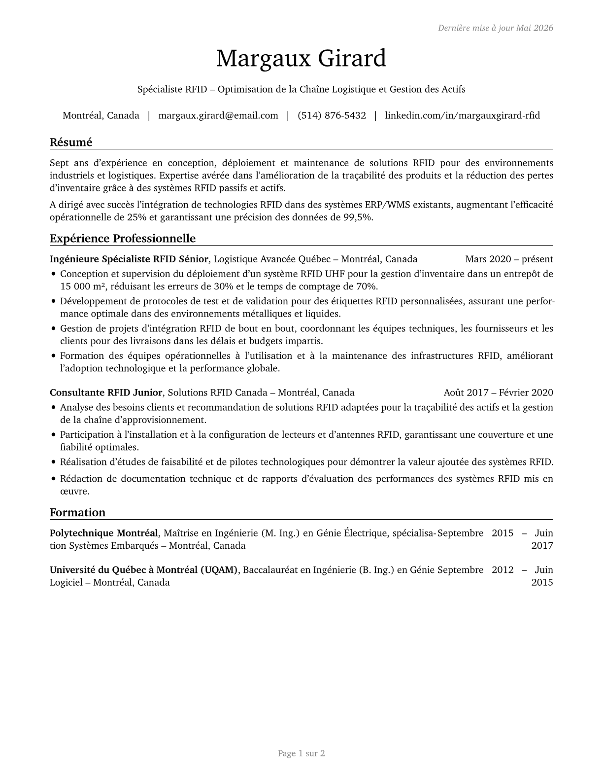 Radio Frequency Identification Device Specialists CV in French — page 1