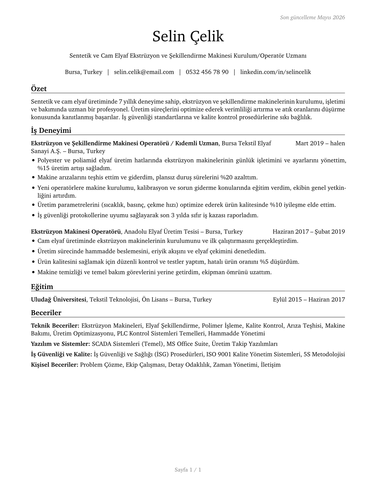 Extruding and Forming Machine Setters, Operators, and Tenders, Synthetic and Glass Fibers CV in Turkish — page 1