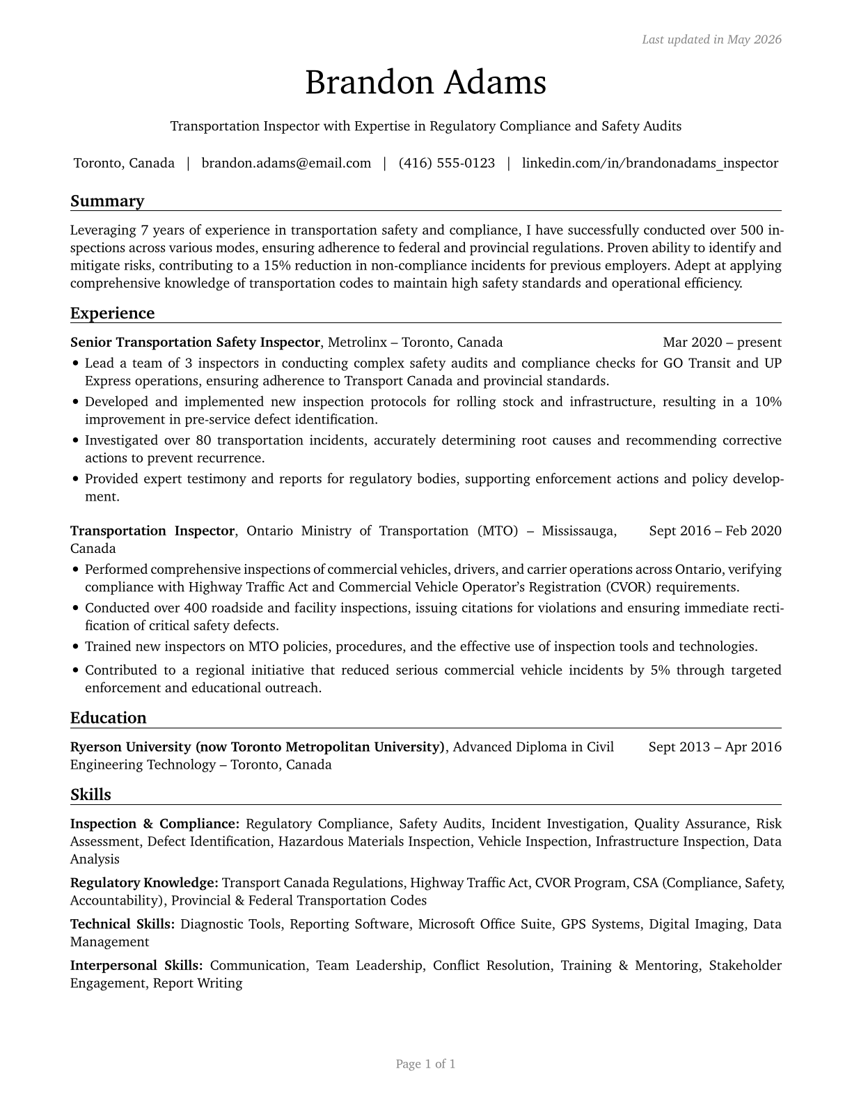 Transportation Inspectors CV in English — page 1