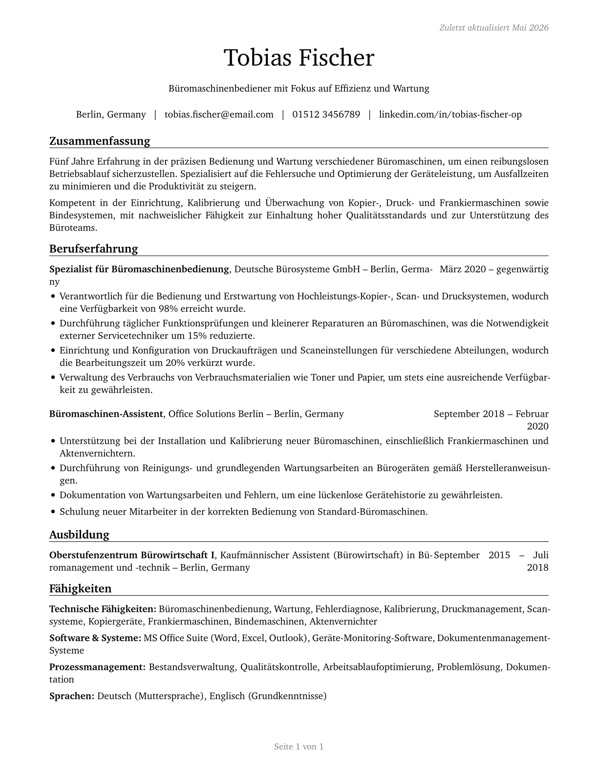 Office Machine Operators, Except Computer CV in German — page 1