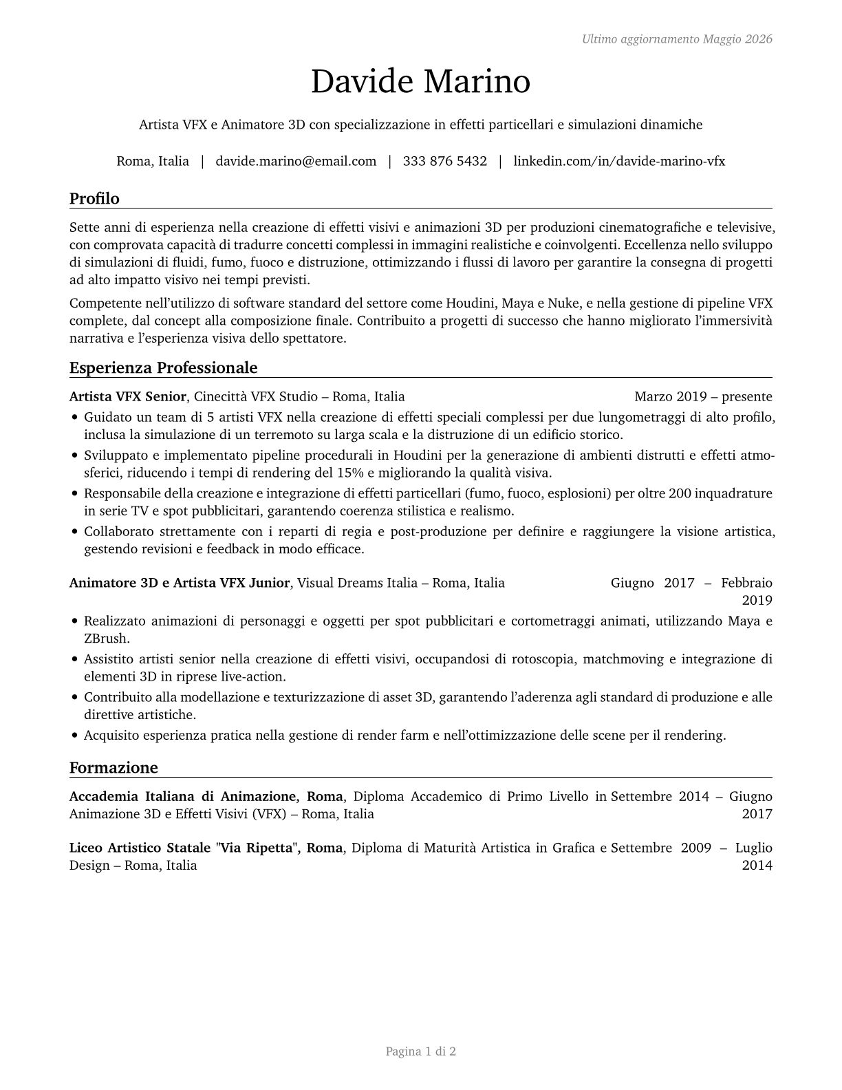 Special Effects Artists and Animators CV in Italian — page 1