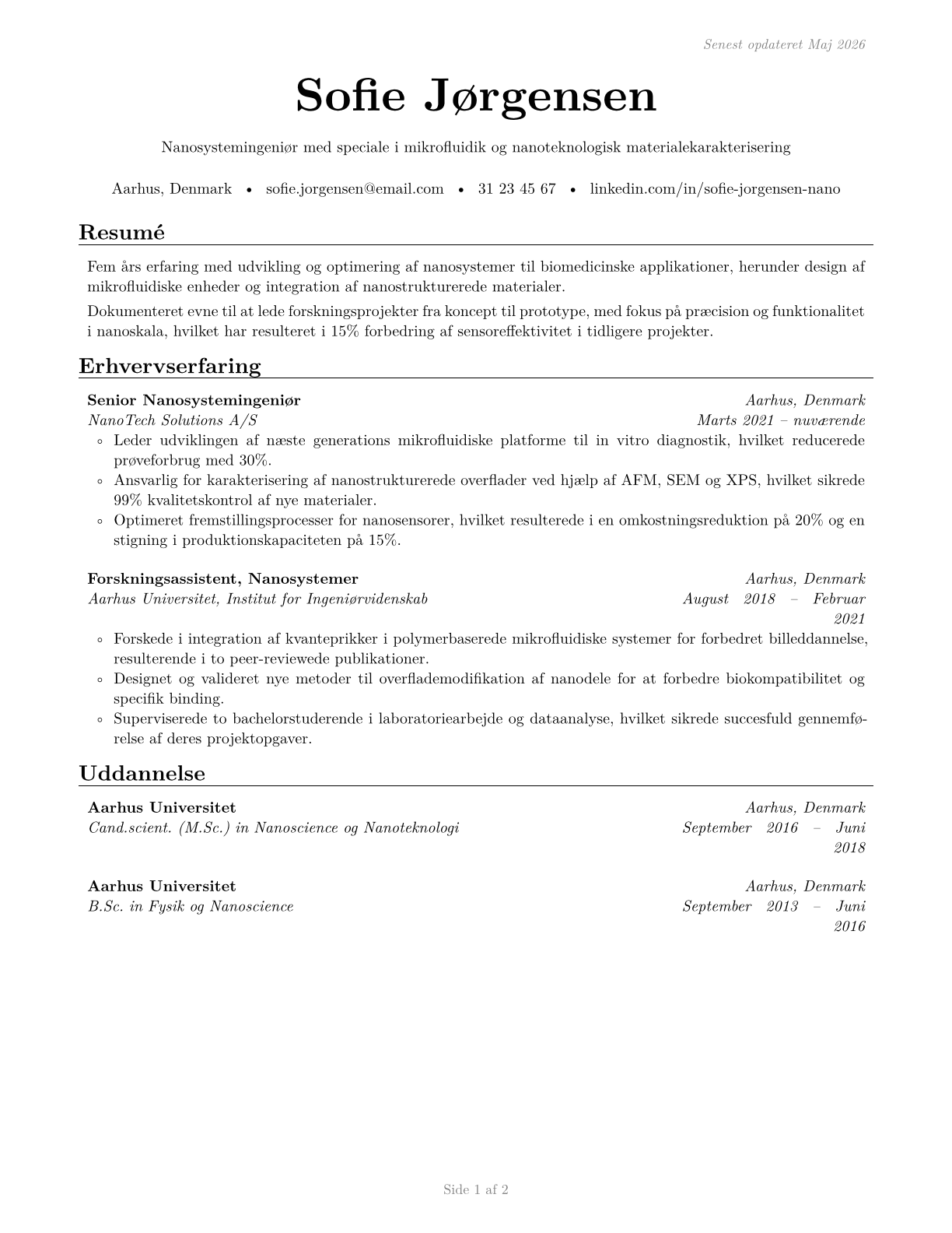 Nanosystems Engineers CV in Danish — page 1