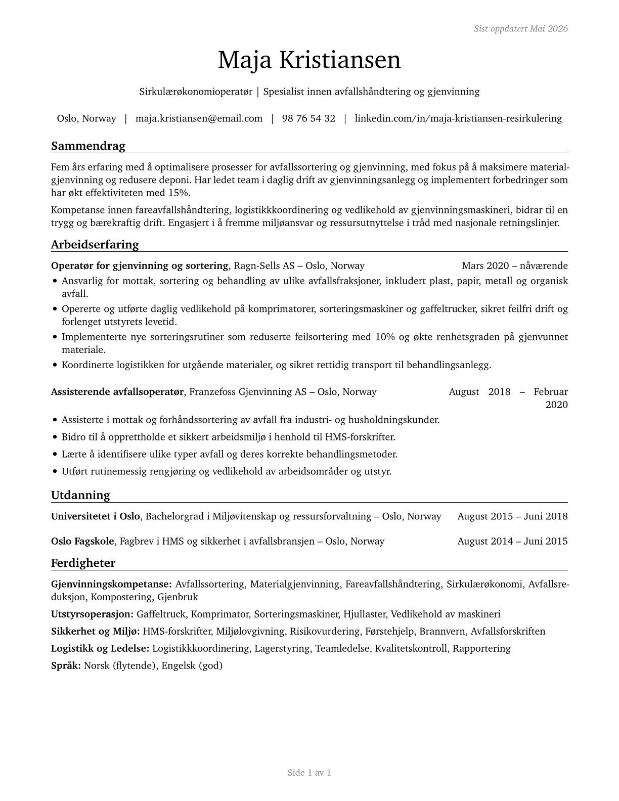 Recycling and Reclamation Workers CV in Norwegian_bokmal — page 1
