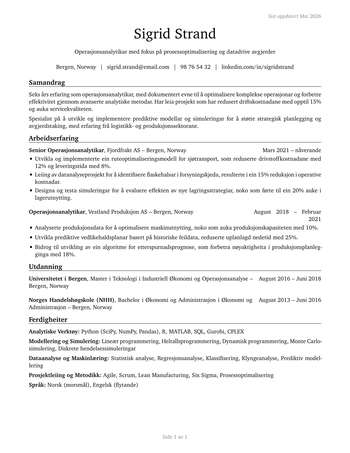 Operations Research Analysts CV in Norwegian_nynorsk — page 1