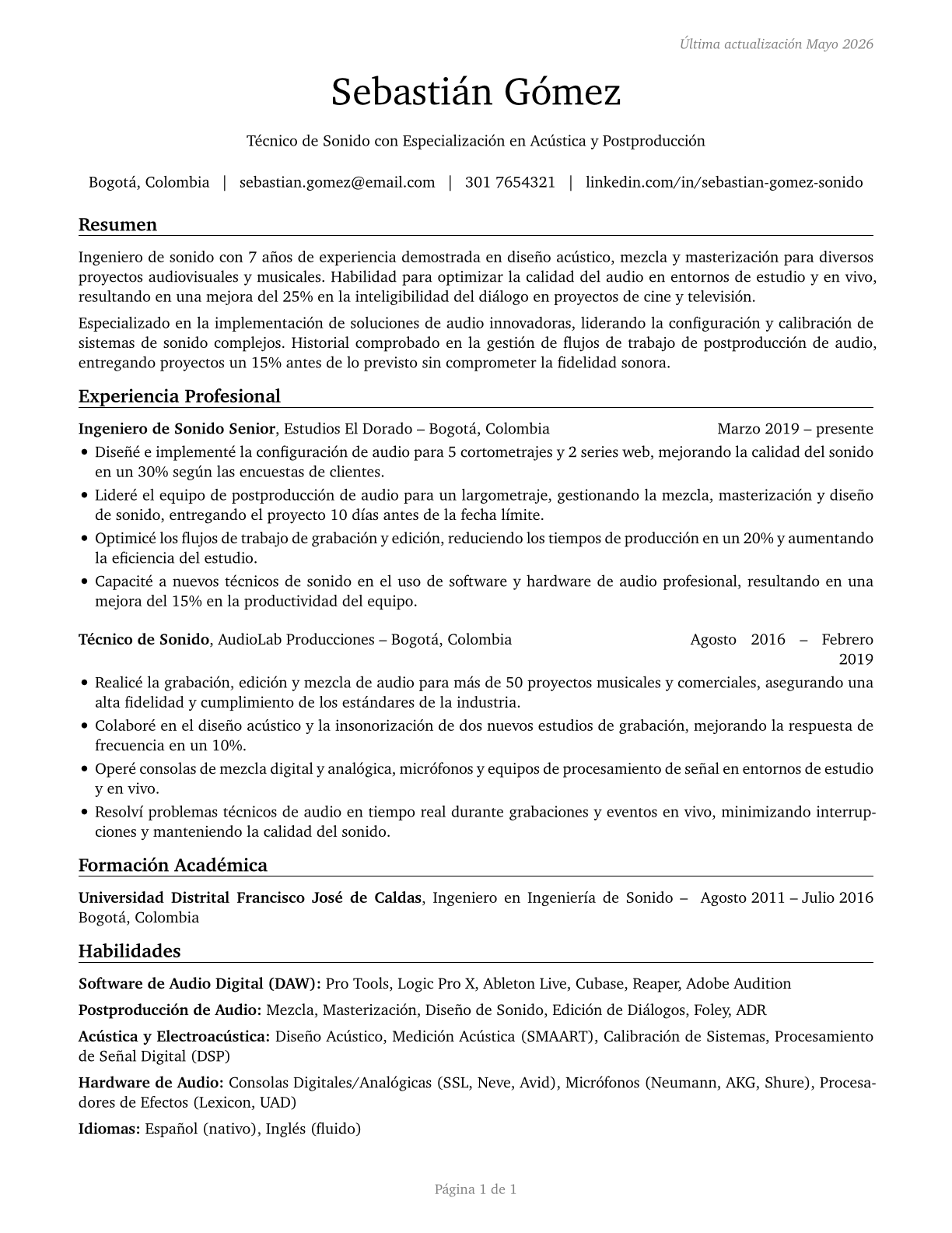 Sound Engineering Technicians CV in Spanish — page 1