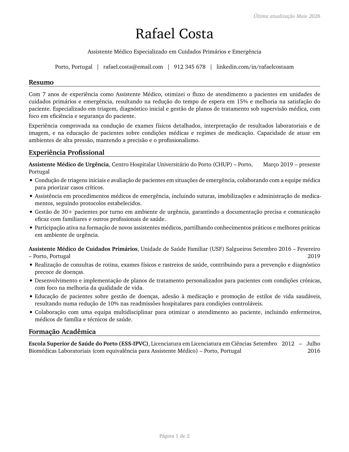 Physician Assistants CV in Portuguese — page 1