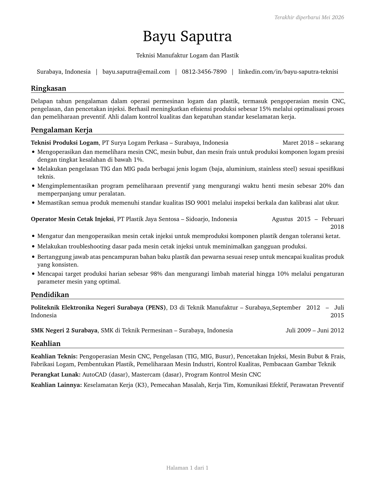 Metal Workers and Plastic Workers, All Other CV in Indonesian — page 1