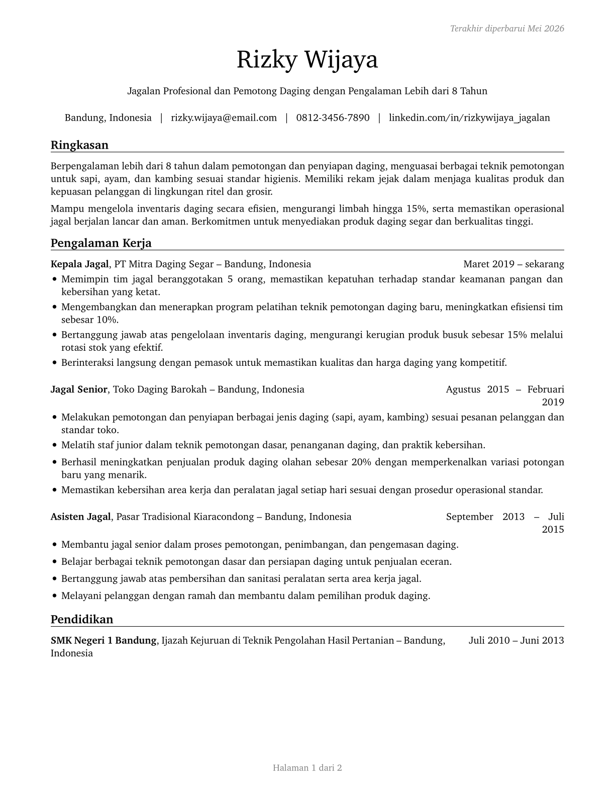 Butchers and Meat Cutters CV in Indonesian — page 1