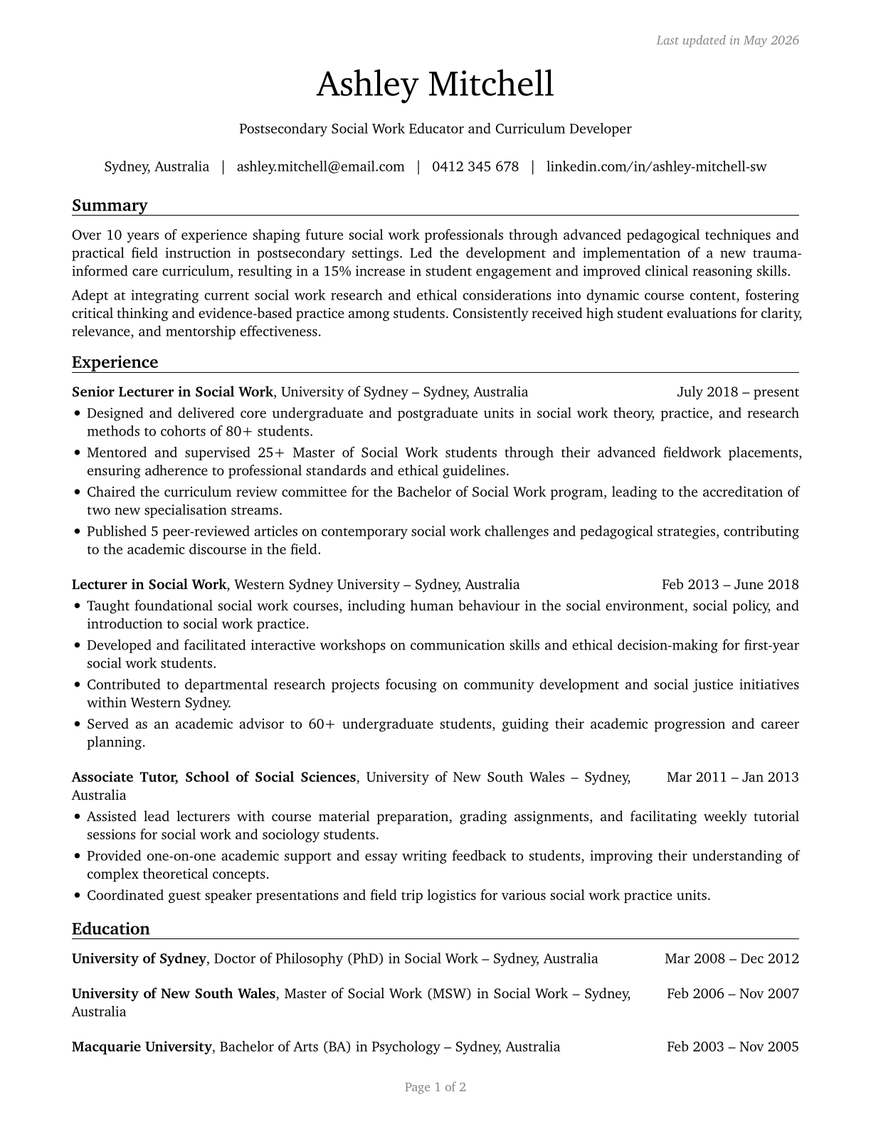 Social Work Teachers, Postsecondary CV in English — page 1