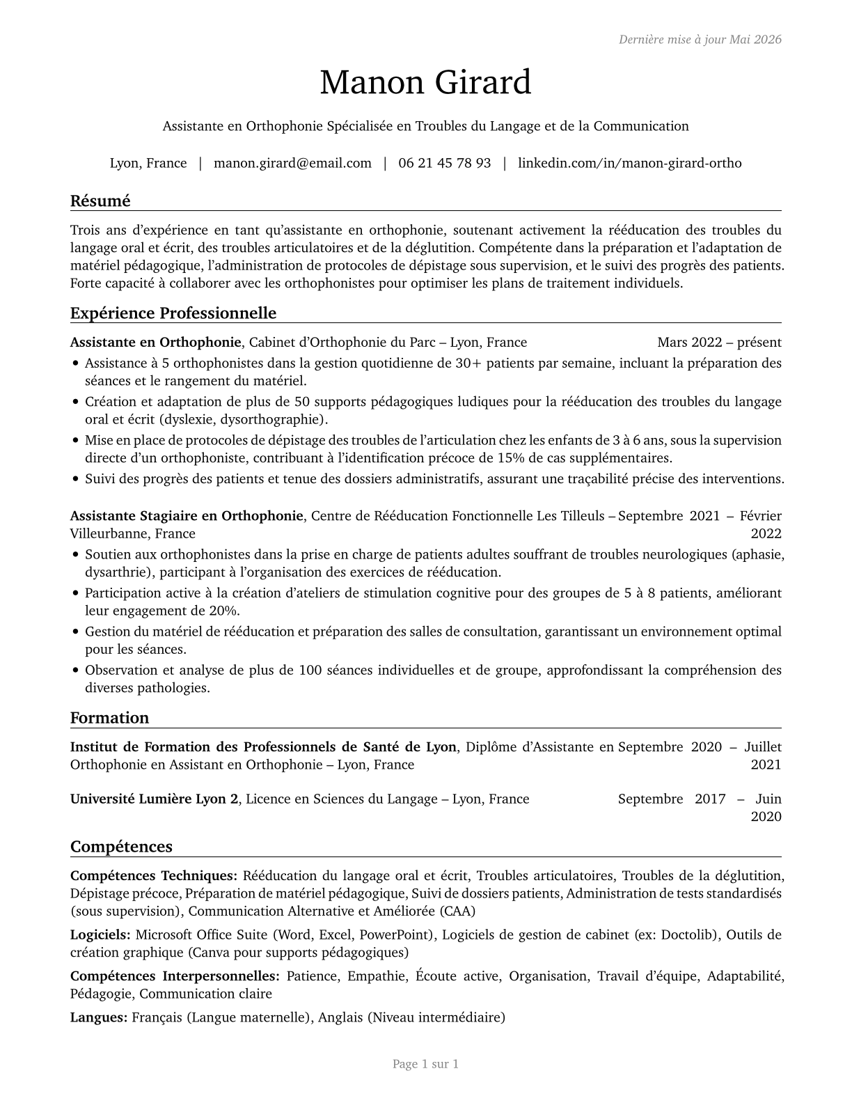 Speech-Language Pathology Assistants CV in French — page 1