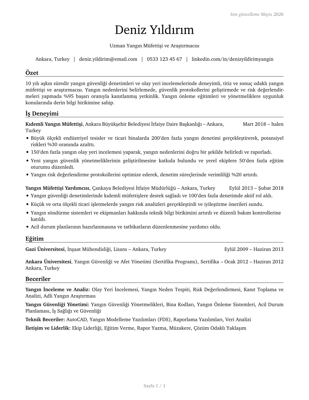 Fire Inspectors and Investigators CV in Turkish — page 1