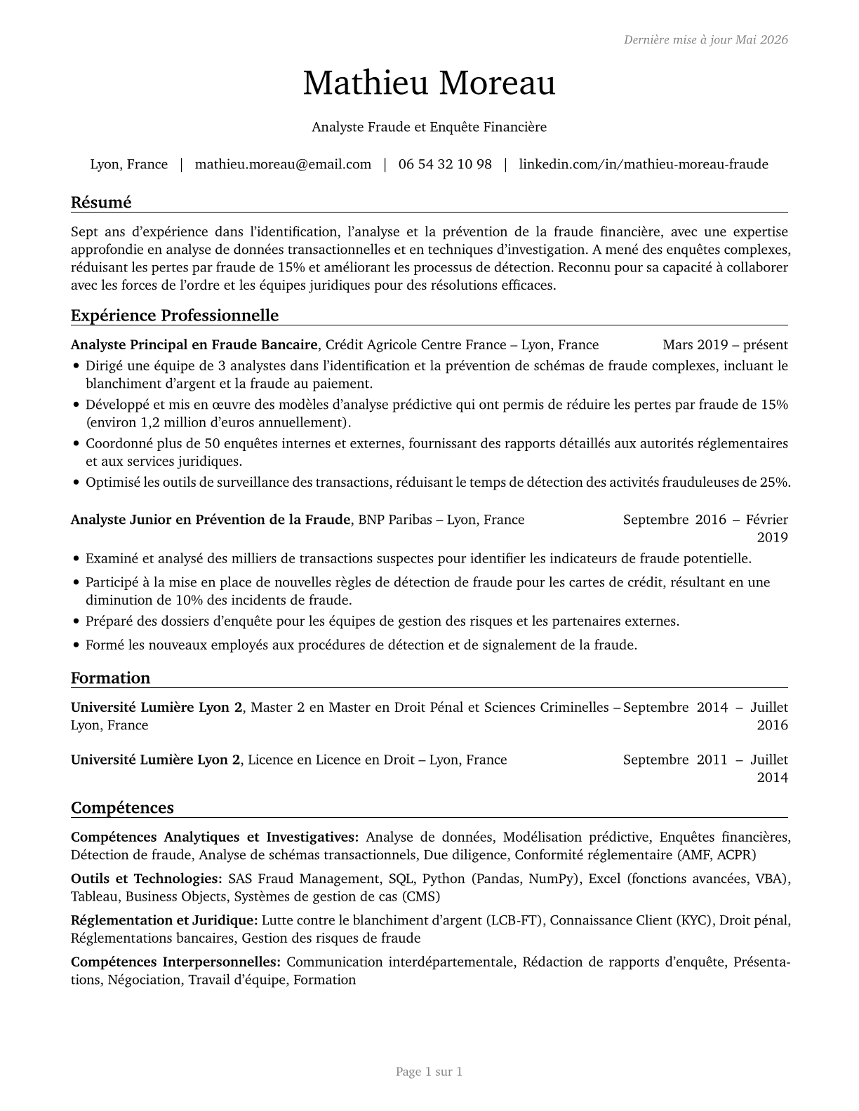 Fraud Examiners, Investigators and Analysts CV in French — page 1