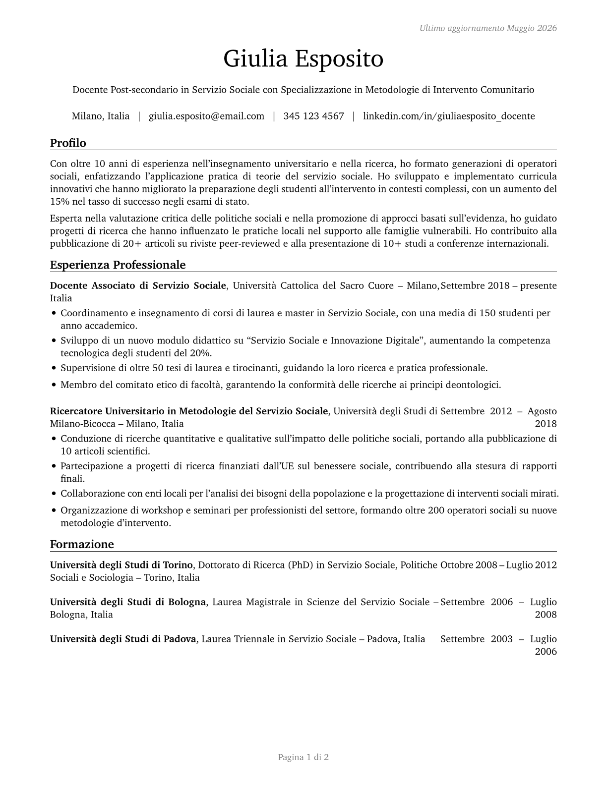 Social Work Teachers, Postsecondary CV in Italian — page 1