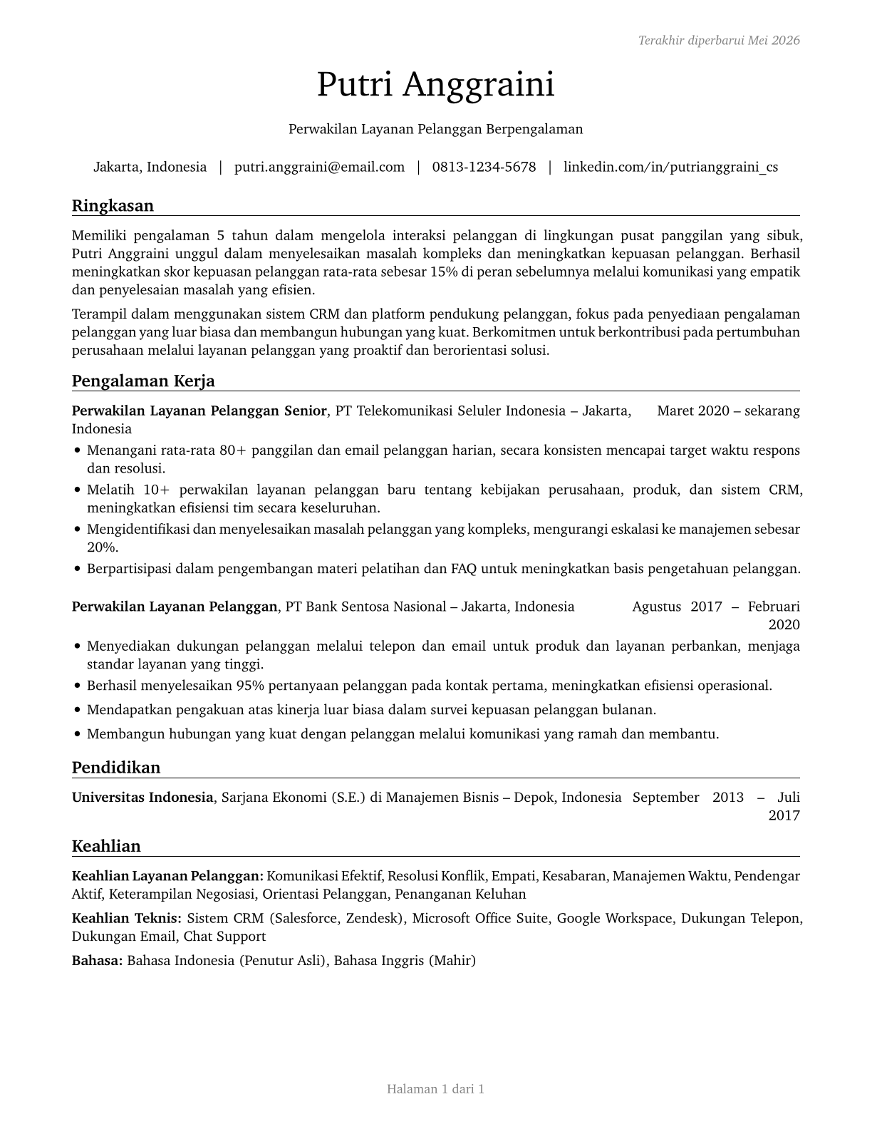 Customer Service Representatives CV in Indonesian — page 1
