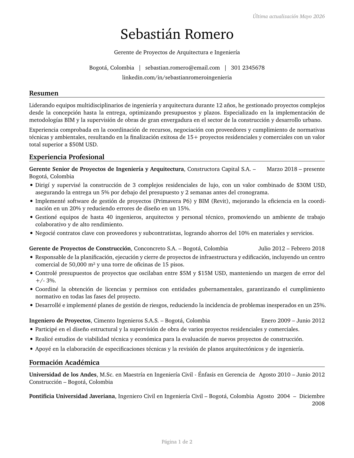Architectural and Engineering Managers CV in Spanish — page 1
