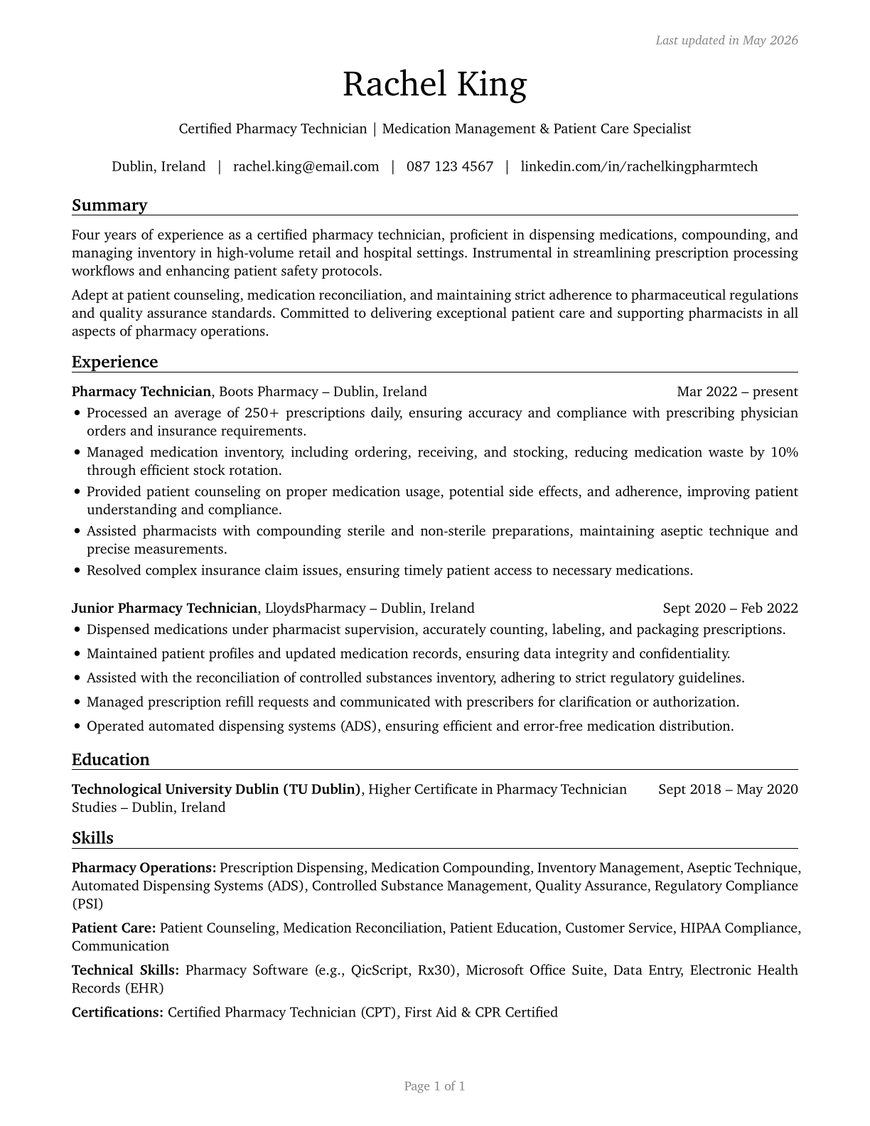 Pharmacy Technicians CV in English — page 1