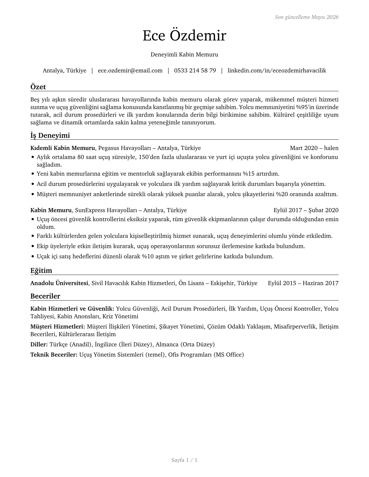 Flight Attendants CV in Turkish — page 1