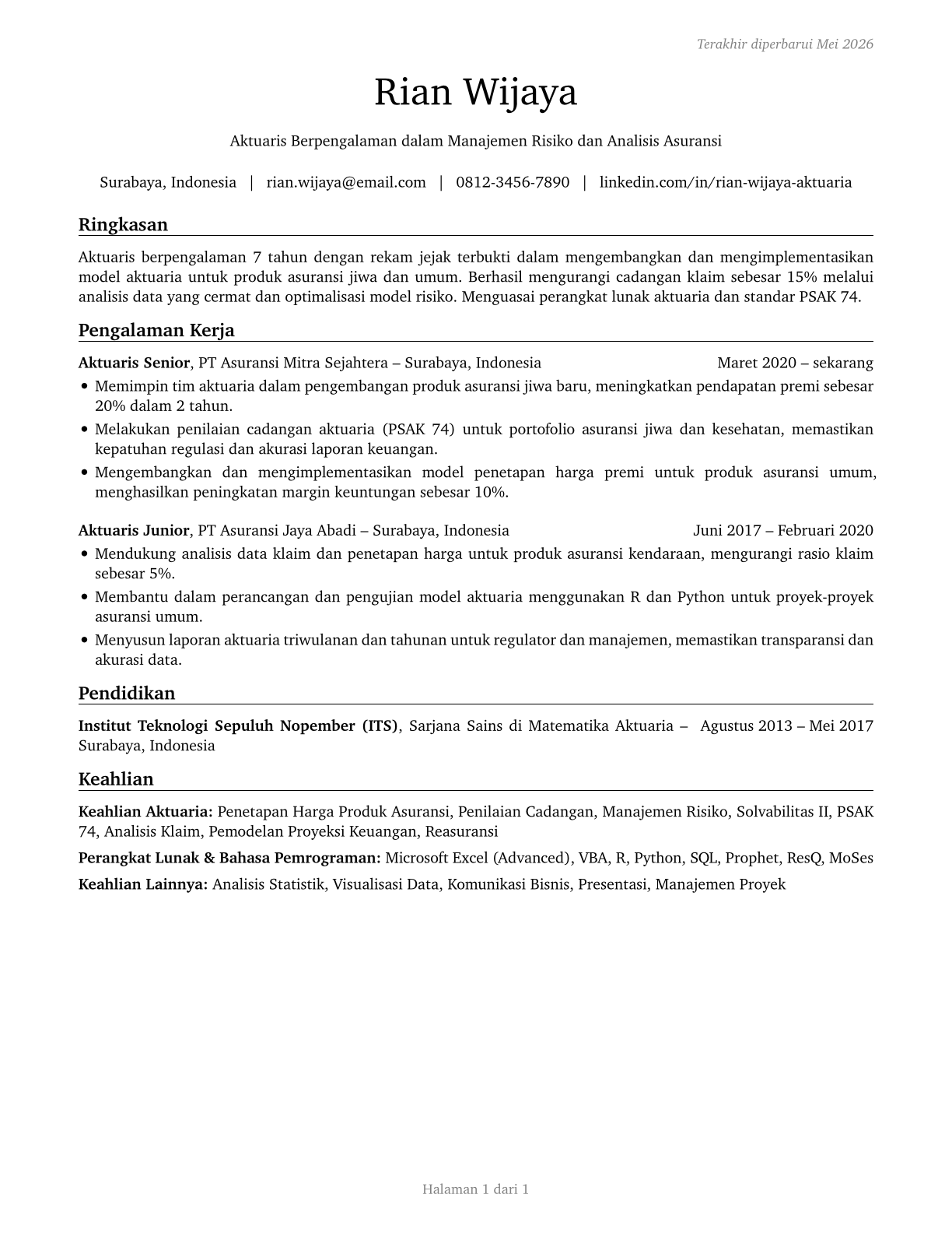 Actuaries CV in Indonesian — page 1