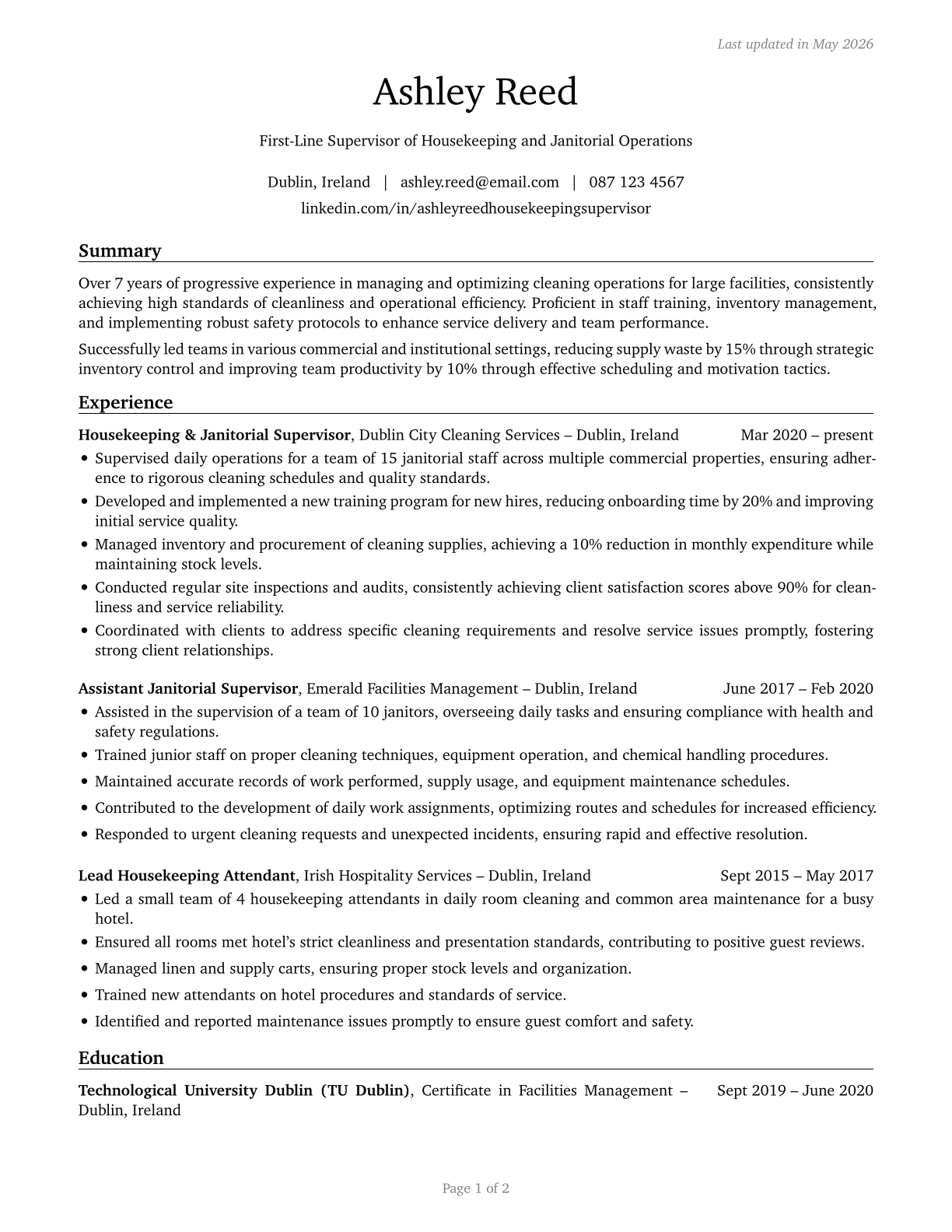 First-Line Supervisors of Housekeeping and Janitorial Workers CV in English — page 1