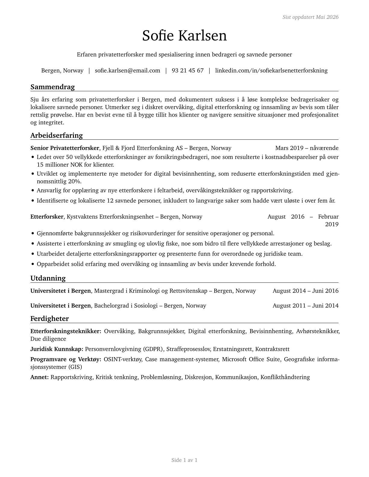 Private Detectives and Investigators CV in Norwegian_bokmal — page 1