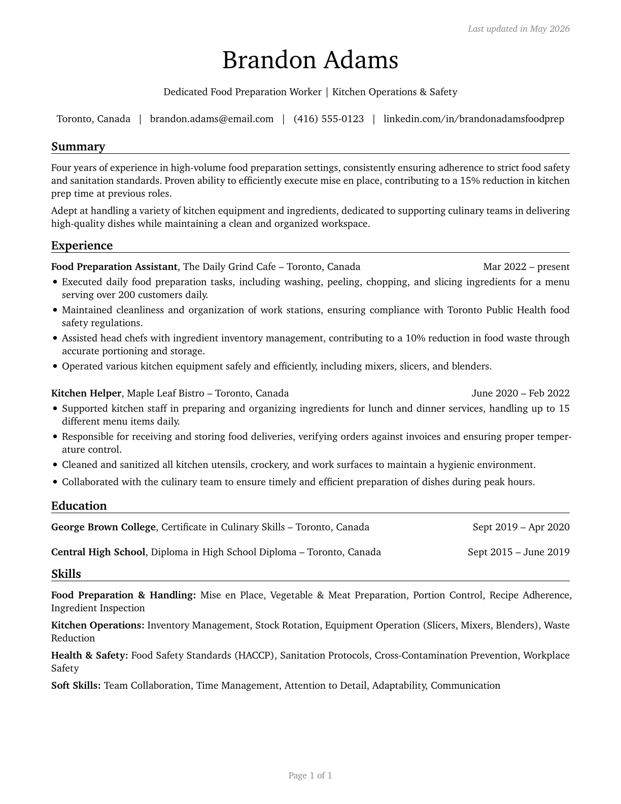 Food Preparation Workers CV in English — page 1