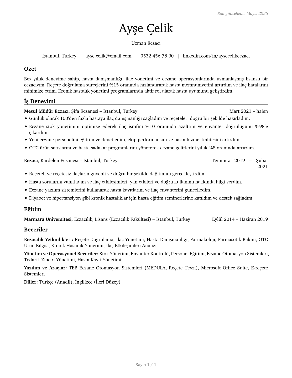Pharmacists CV in Turkish — page 1