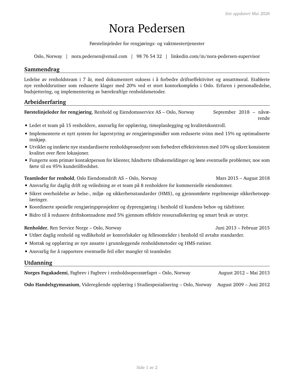 First-Line Supervisors of Housekeeping and Janitorial Workers CV in Norwegian_bokmal — page 1