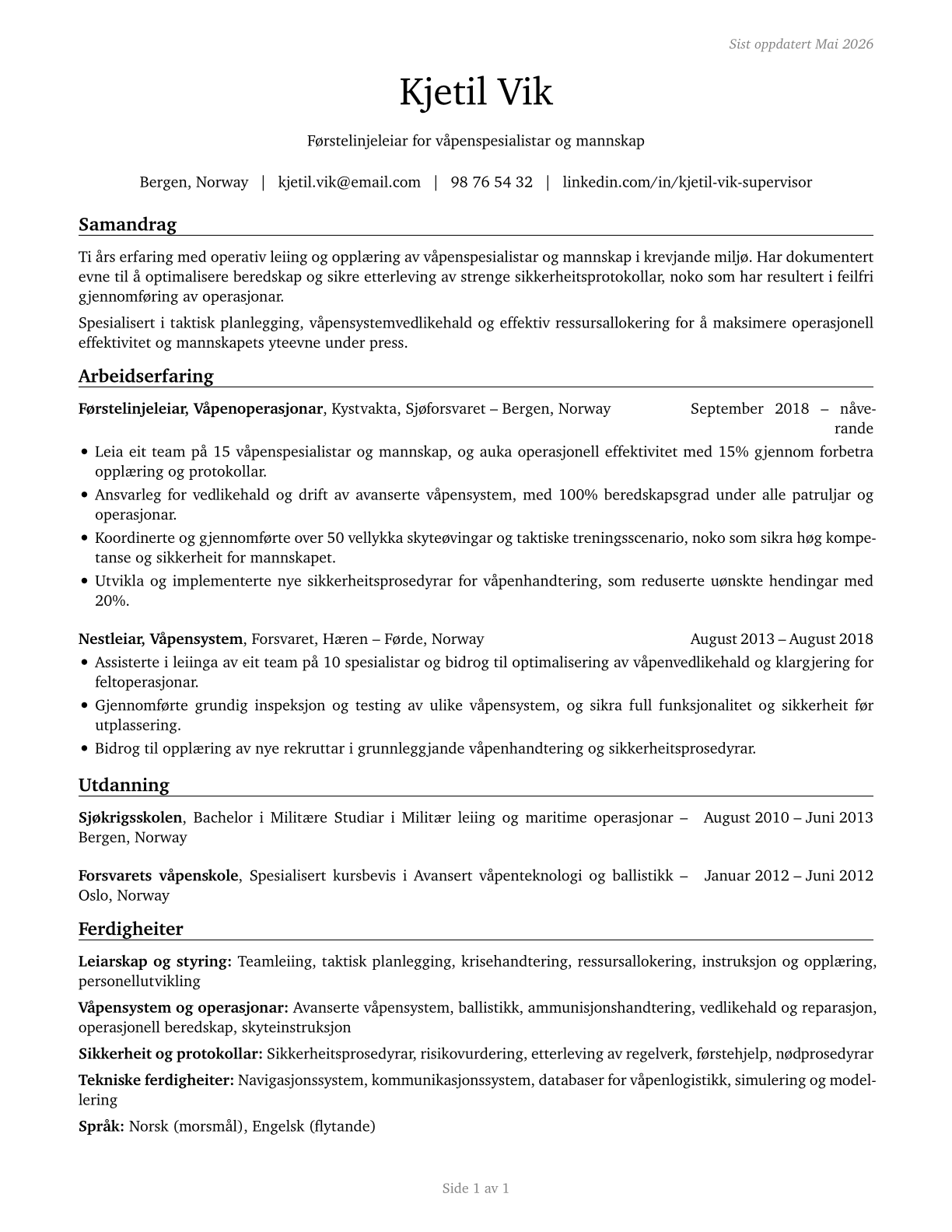 First-Line Supervisors of Weapons Specialists/Crew Members CV in Norwegian_nynorsk — page 1