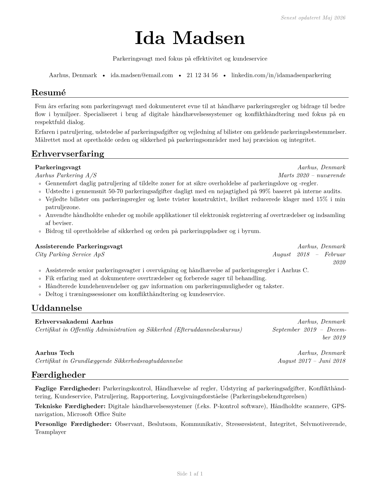 Parking Enforcement Workers CV in Danish — page 1