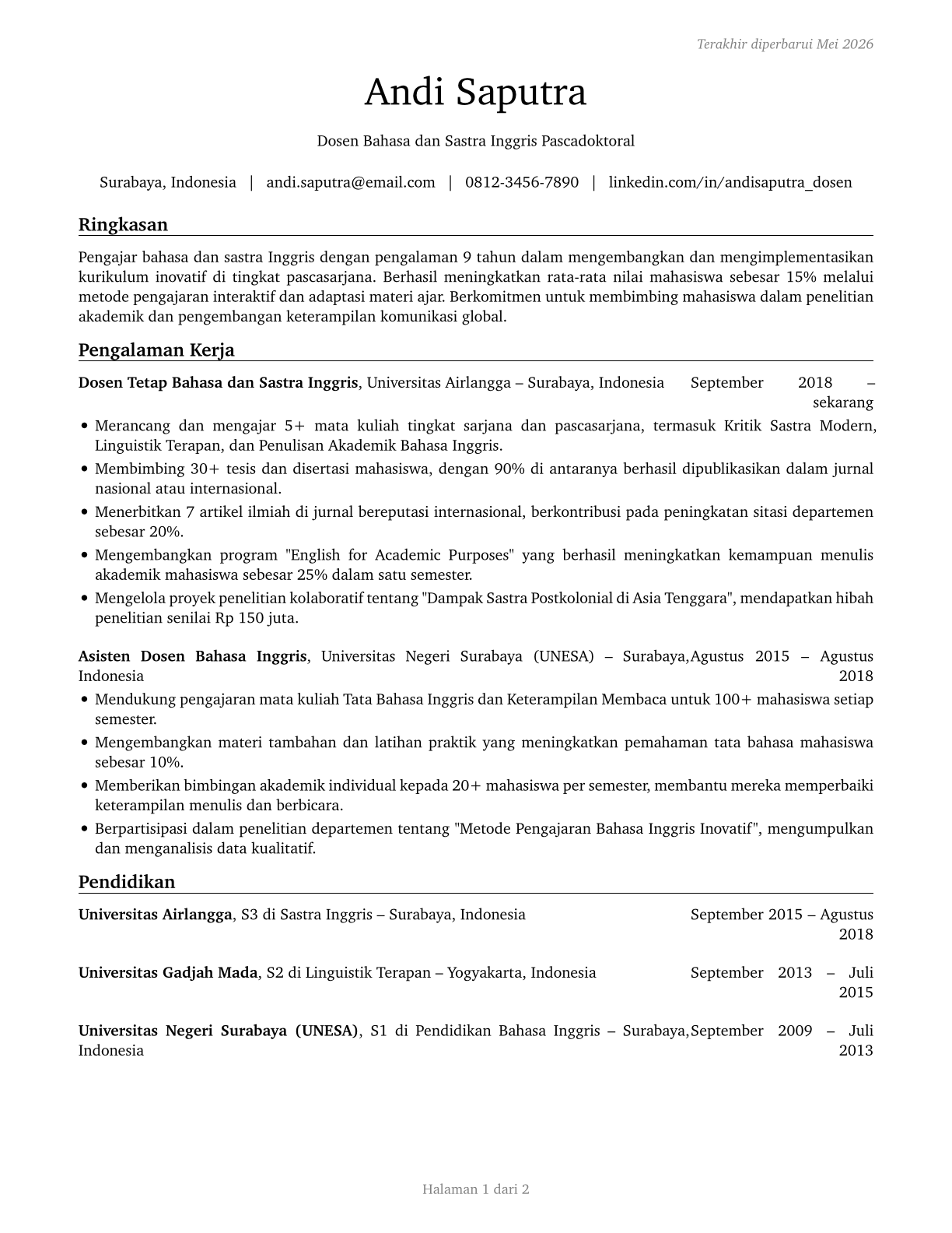 English Language and Literature Teachers, Postsecondary CV in Indonesian — page 1