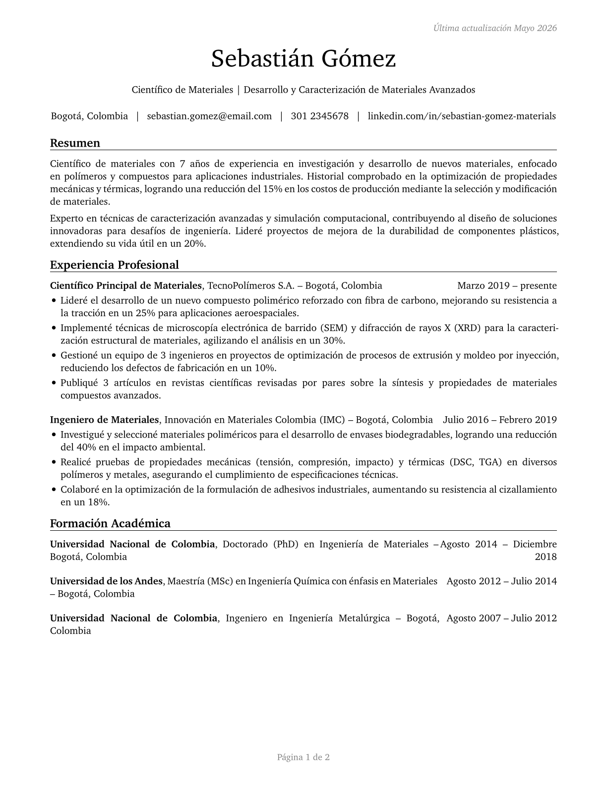Materials Scientists CV in Spanish — page 1