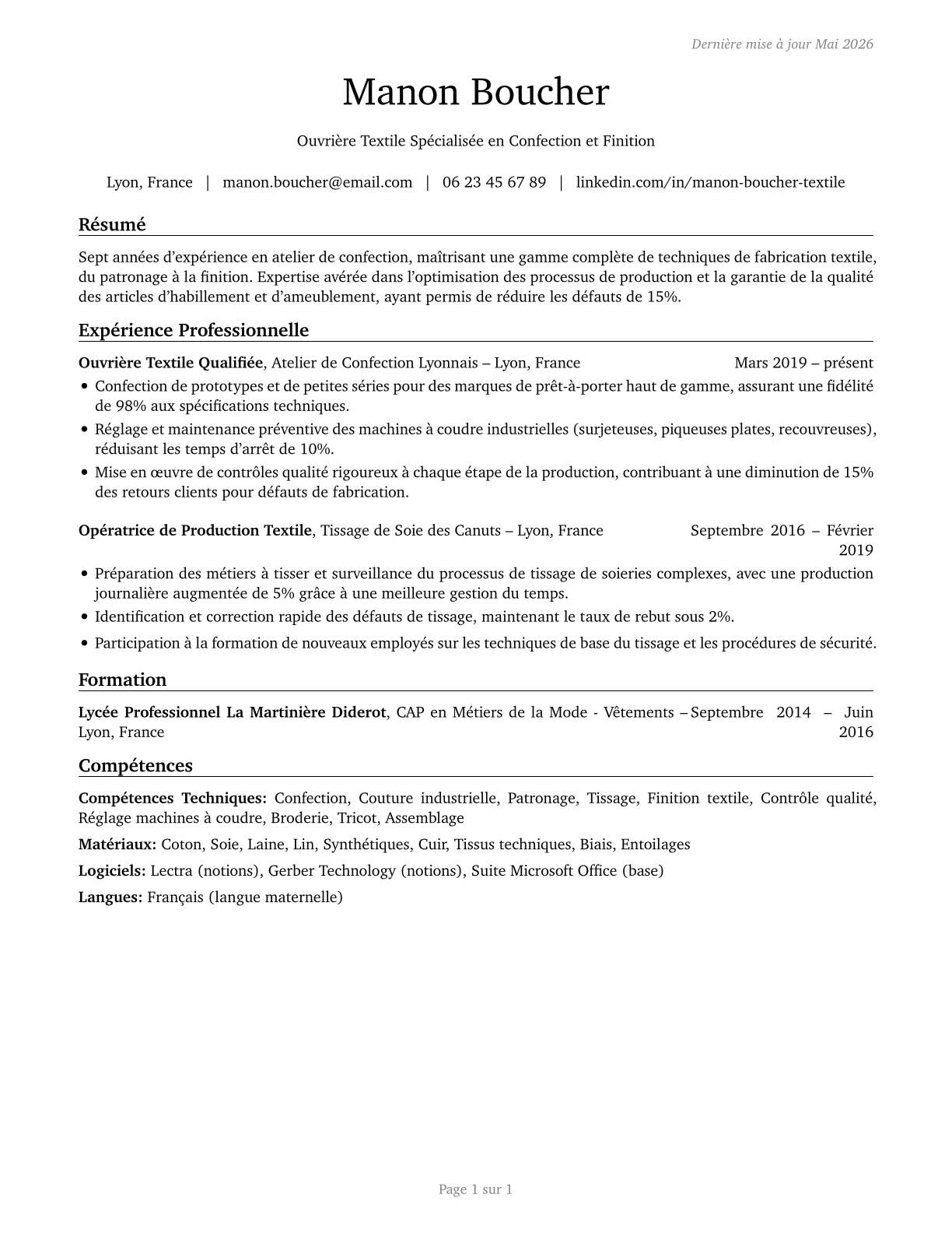 Textile, Apparel, and Furnishings Workers, All Other CV in French — page 1