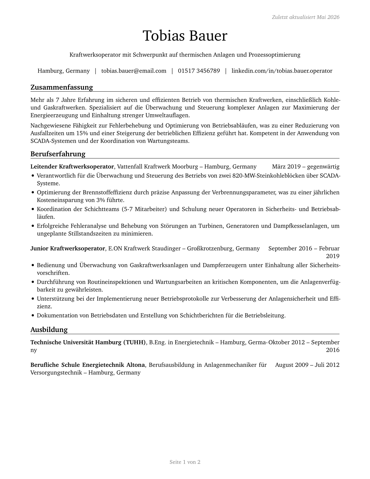 Power Plant Operators CV in German — page 1