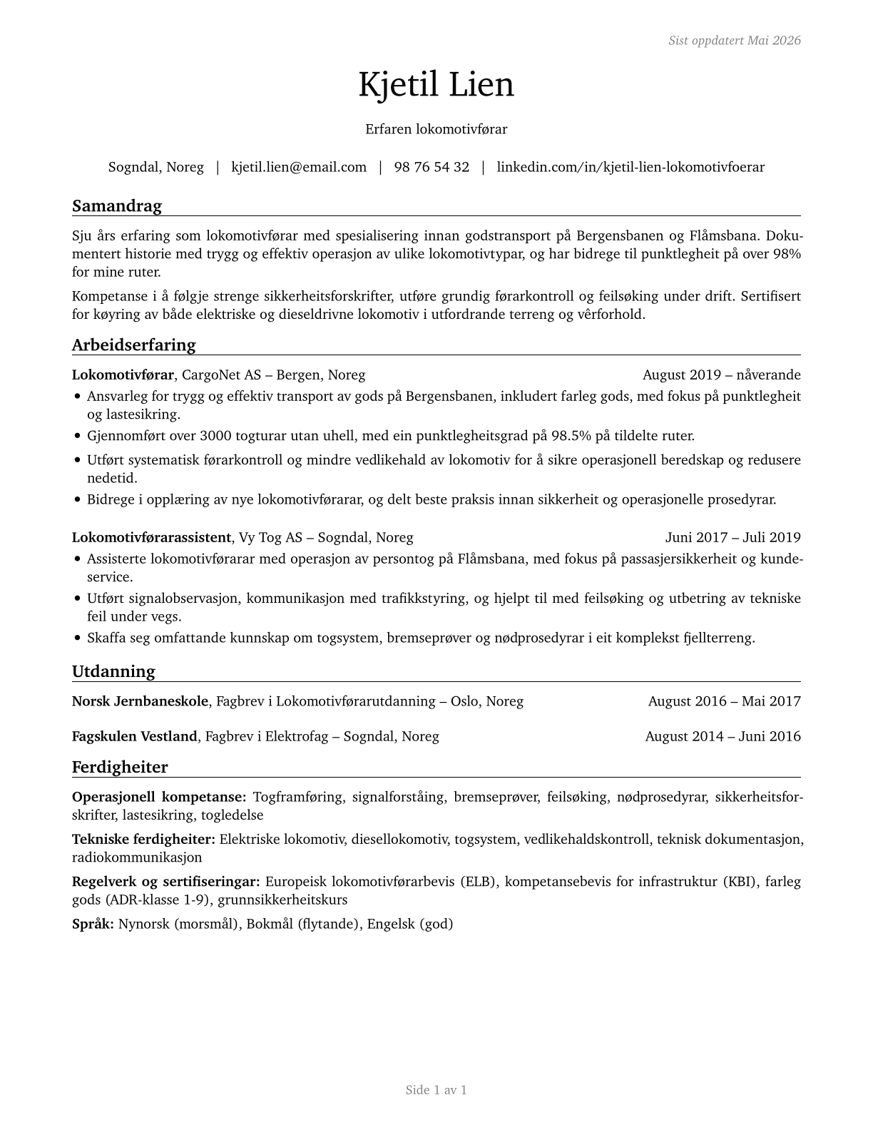 Locomotive Engineers CV in Norwegian_nynorsk — page 1