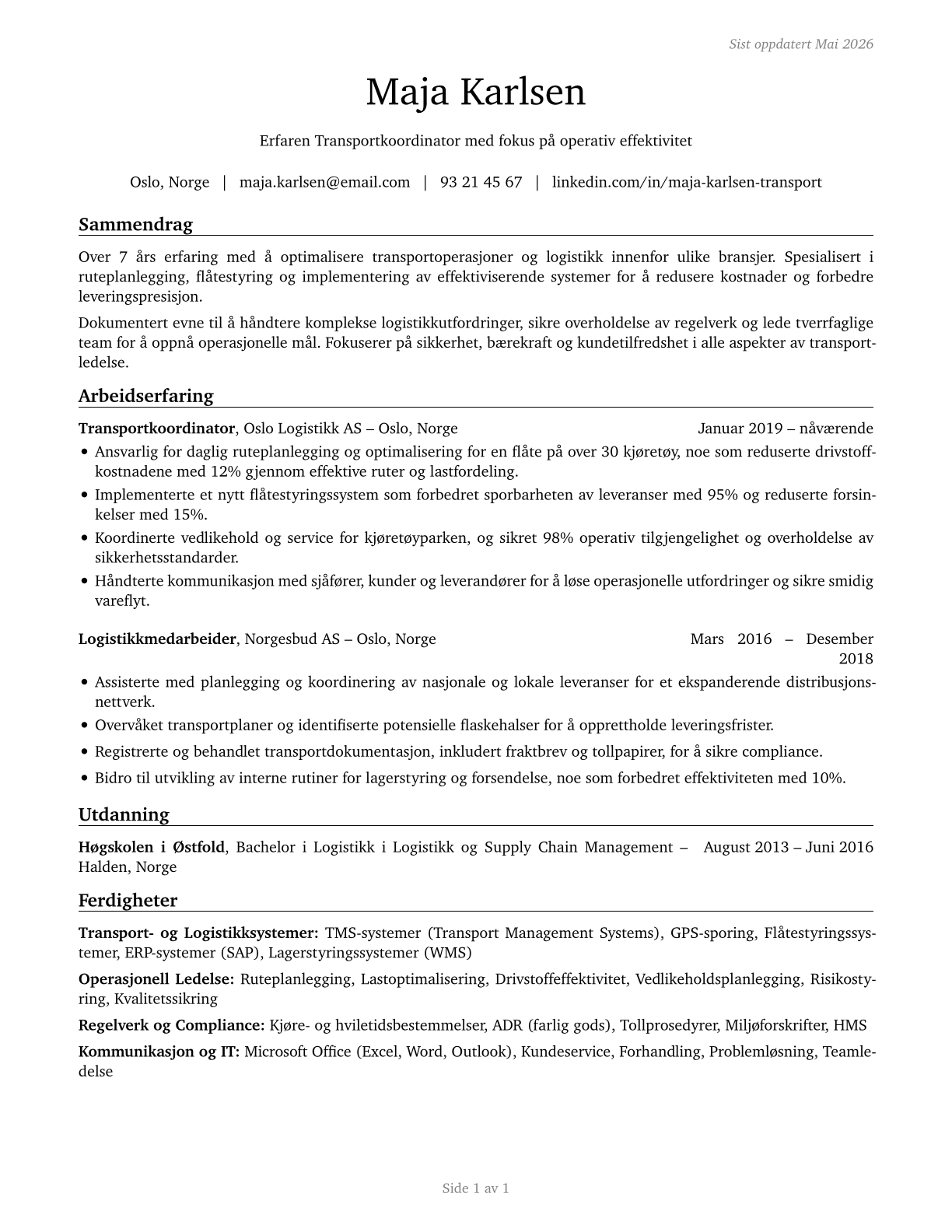 Transportation Workers, All Other CV in Norwegian_bokmal — page 1