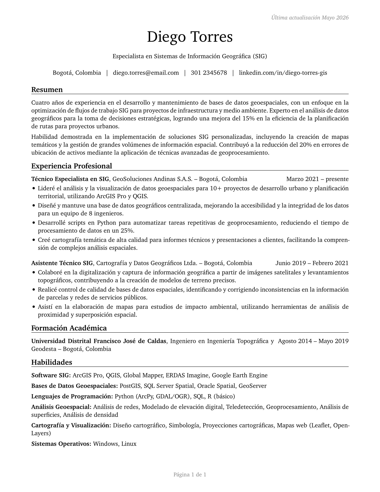 Geographic Information Systems Technologists and Technicians CV in Spanish — page 1