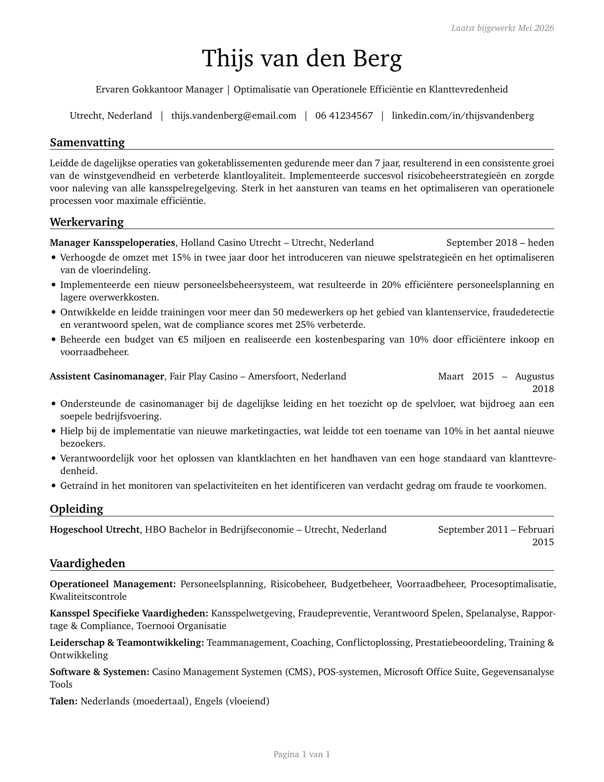 Gambling Managers CV in Dutch — page 1