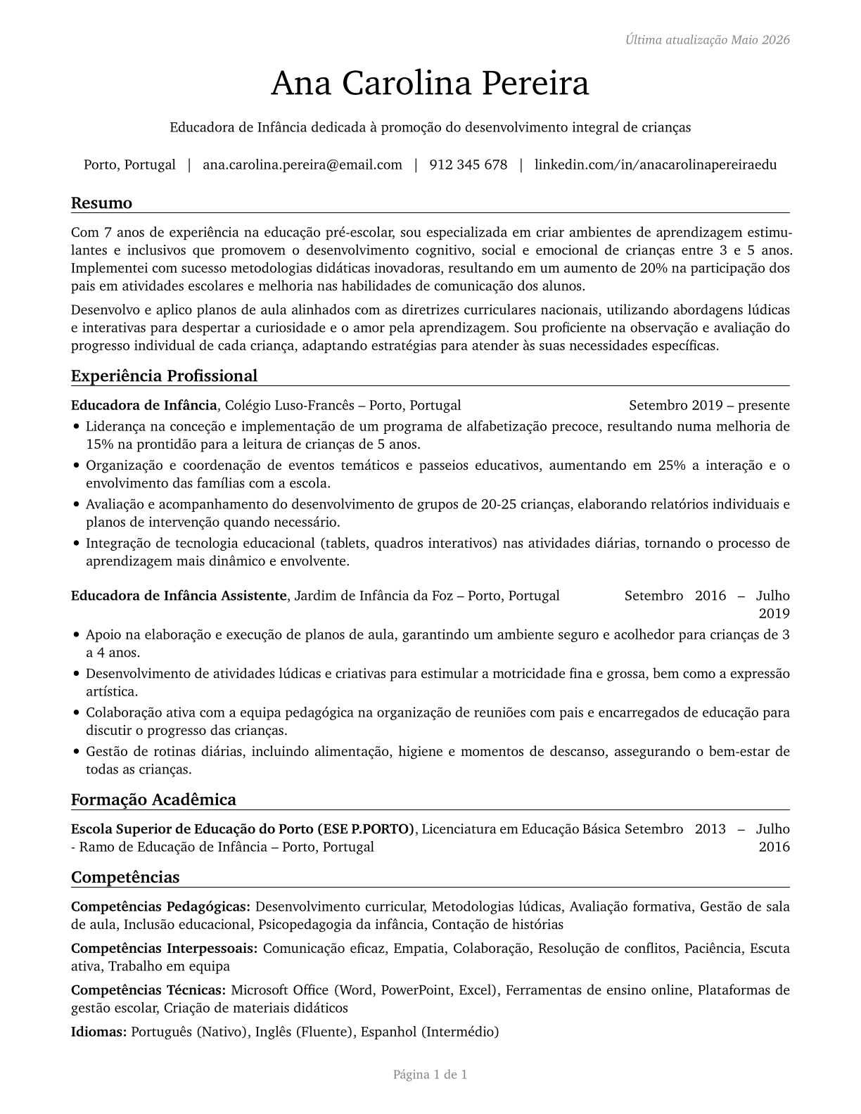 Kindergarten Teachers, Except Special Education CV in Portuguese — page 1