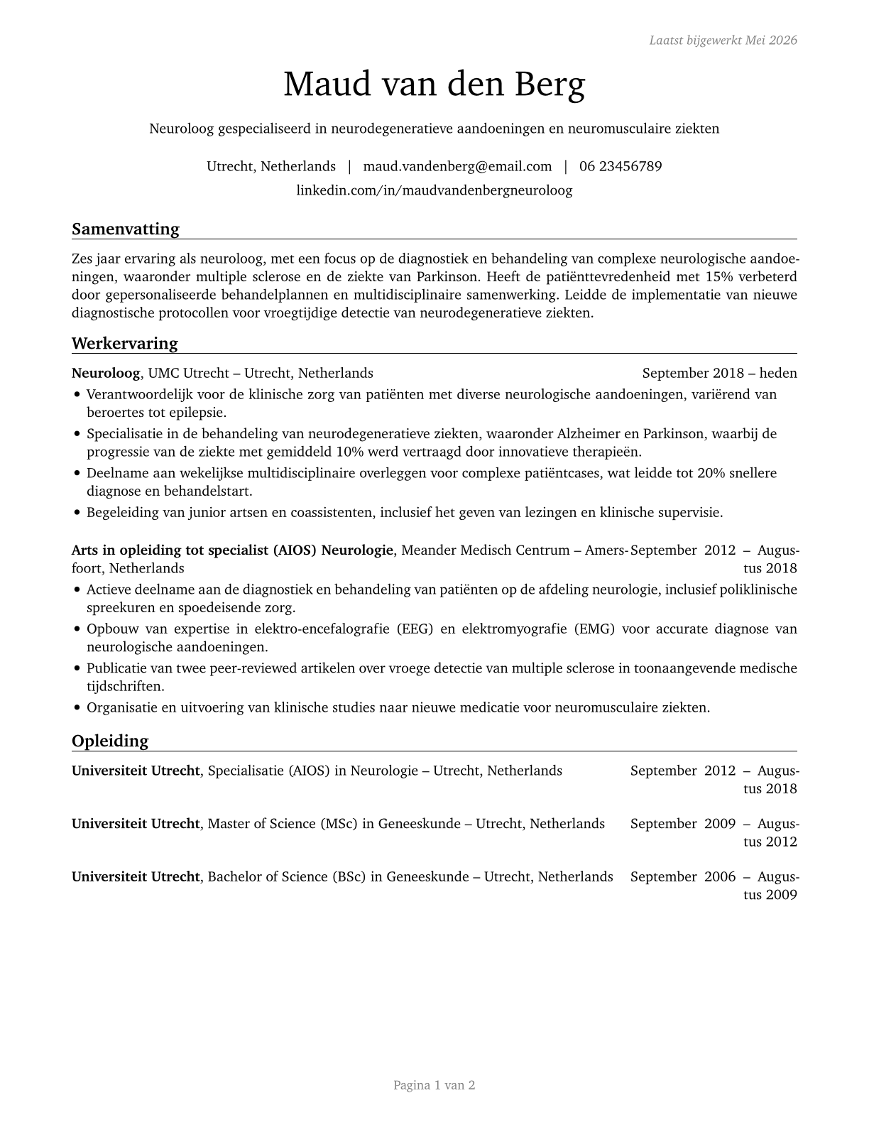 Neurologists CV in Dutch — page 1