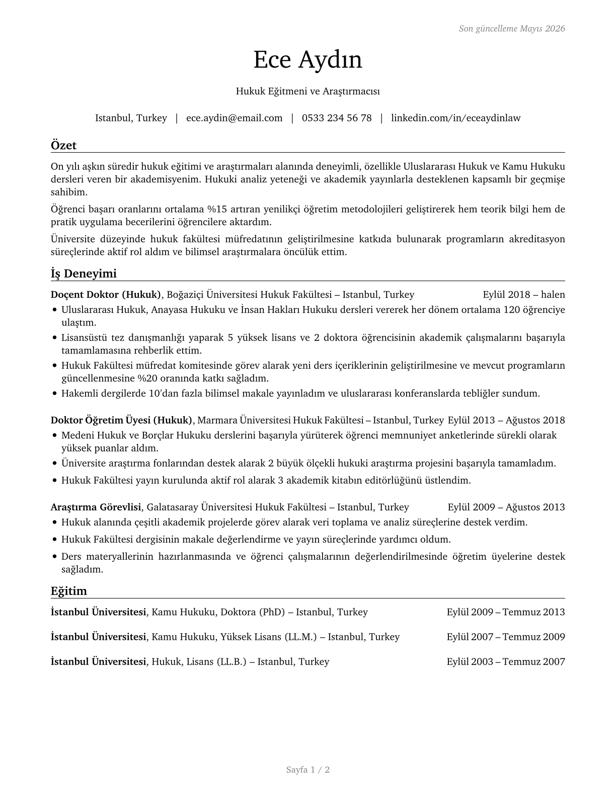 Law Teachers, Postsecondary CV in Turkish — page 1