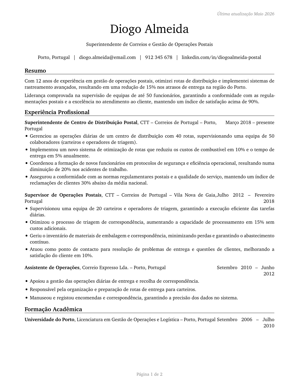 Postmasters and Mail Superintendents CV in Portuguese — page 1